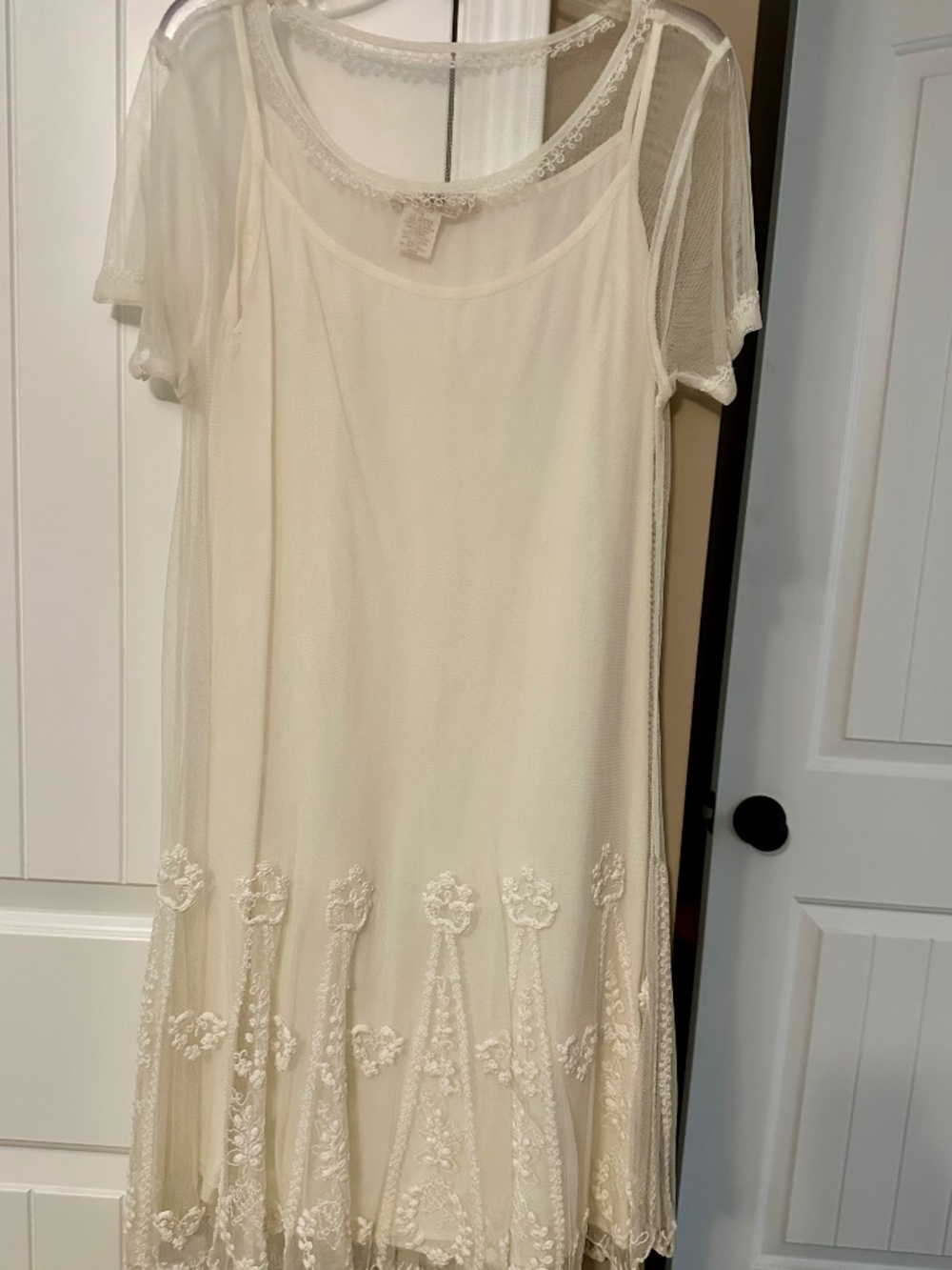 Pudding Shop Ivory Mini Knee Length Dress Scoop Neck 2-Layer Sheer Embroide